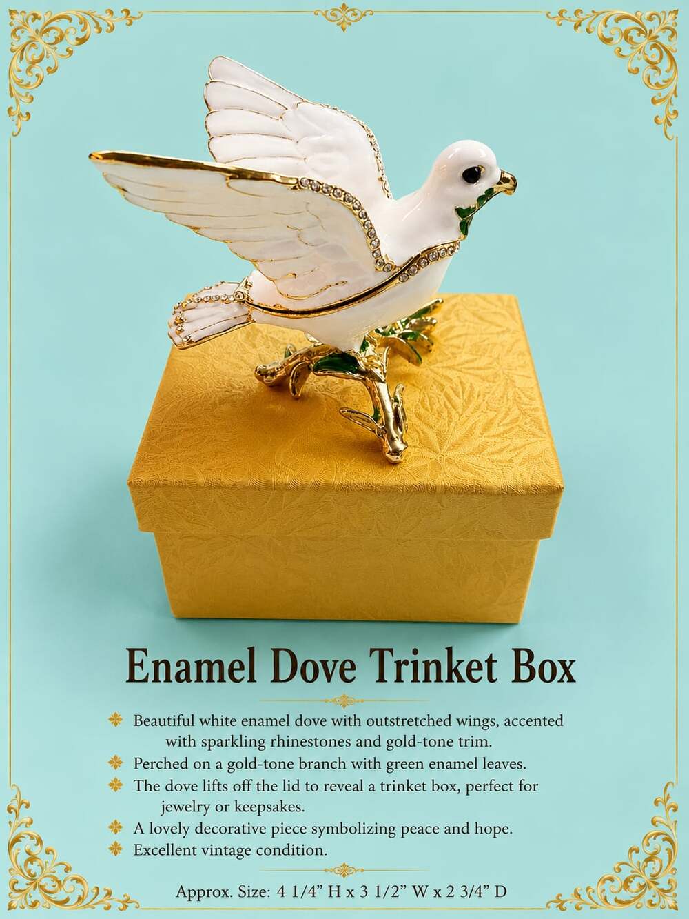 White Enamel and Rhinestone Peace Dove Hinged Trinket Jewelry Box